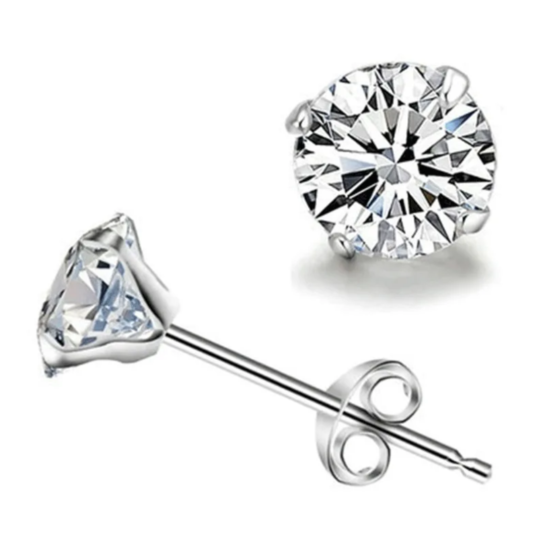 Women Genuine 925 Sterling Silver Cubic Zirconia Round Stud Earrings
