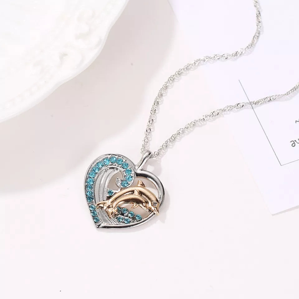 Women's - Ladies Love Necklace Heart Dolphin - Silver