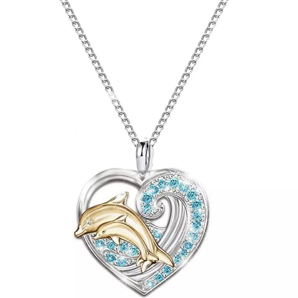 Women's - Ladies Love Necklace Heart Dolphin - Silver