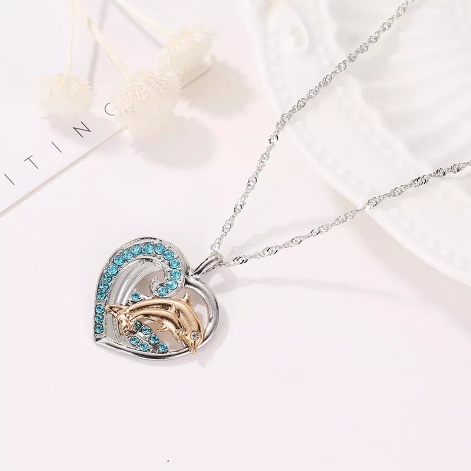 Women's - Ladies Love Necklace Heart Dolphin - Silver