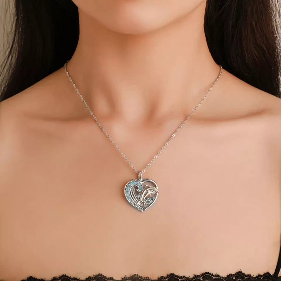 Women's - Ladies Love Necklace Heart Dolphin - Silver