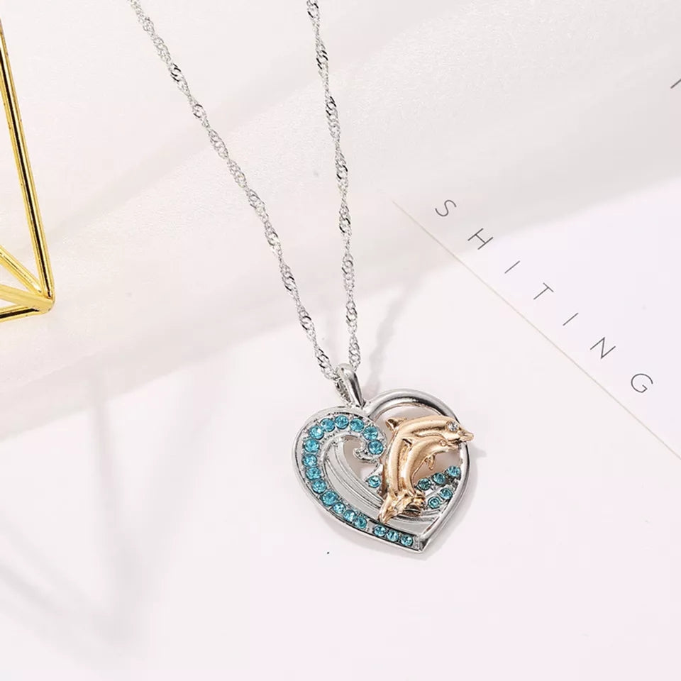 Women's - Ladies Love Necklace Heart Dolphin - Silver