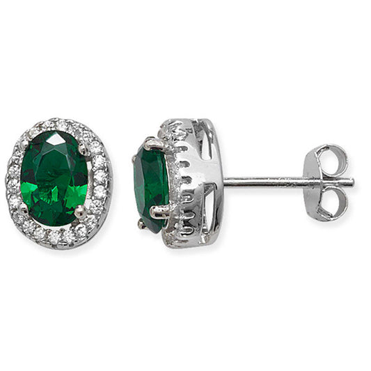 Emerald Oval Halo Stud Earrings