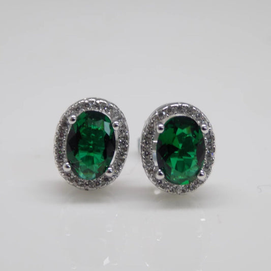 Emerald Oval Halo Stud Earrings