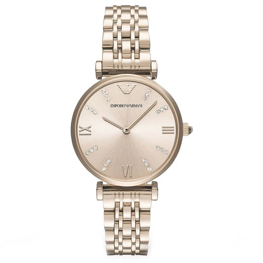 Emporio Armani Women's Watch Stainless Steel Rose Gold Blush Strap With Gold Dial AR11059 Gianni T-Bar