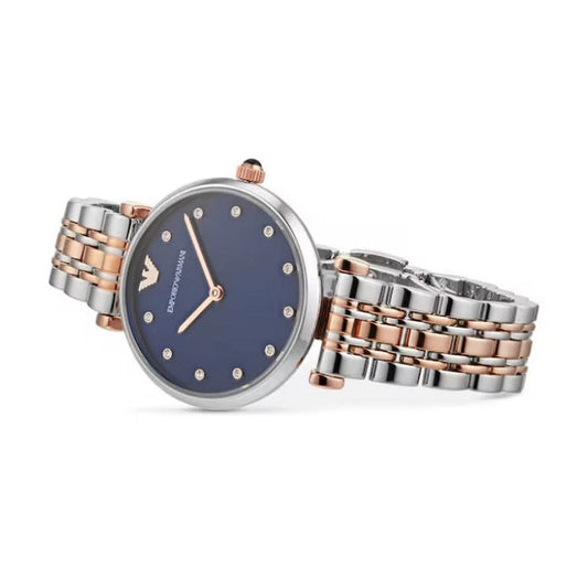 Emporio Armani Women's Watch Stainless Steel Two-Tone Silver & Rose Gold Strap With Blue Dial AR11092 Gianni T-Bar
