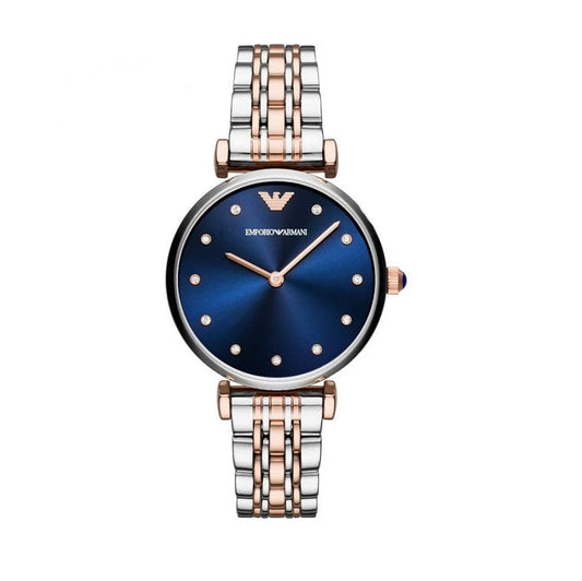 Emporio Armani Women's Watch Stainless Steel Two-Tone Silver & Rose Gold Strap With Blue Dial AR11092 Gianni T-Bar