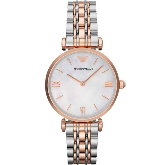 Emporio Armani Women's Watch Stainless Steel Silver & Rose Gold Strap With Mother Of Pearl Dial AR1683 Gianni T-Bar