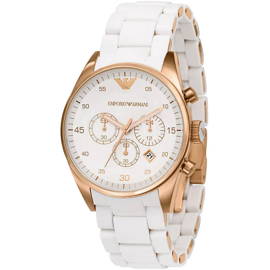 Emporio Armani Women's Watch Silicone White Strap With White Dial And Rose Gold Case AR5920 Sportivo