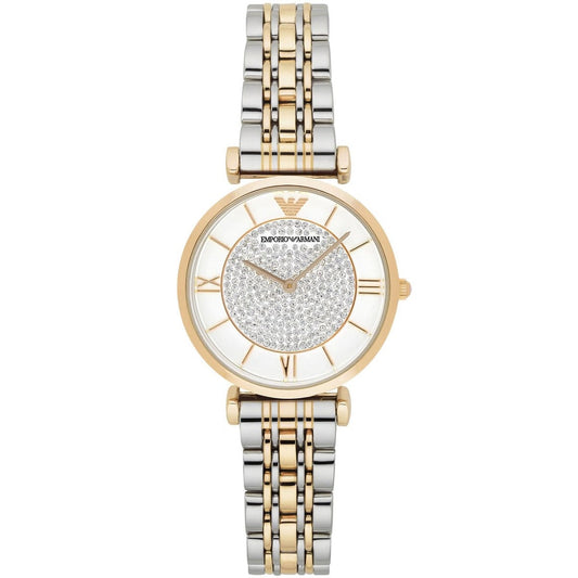 Emporio Armani Women's Watch Stainless Steel Silver & God Tone Strap White Pave Crystal White Dial AR8031 Gianni T-Bar