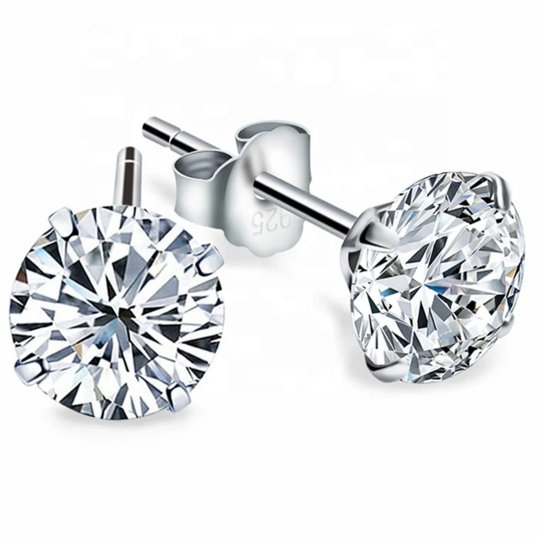 Women Genuine 925 Sterling Silver Cubic Zirconia Round Stud Earrings